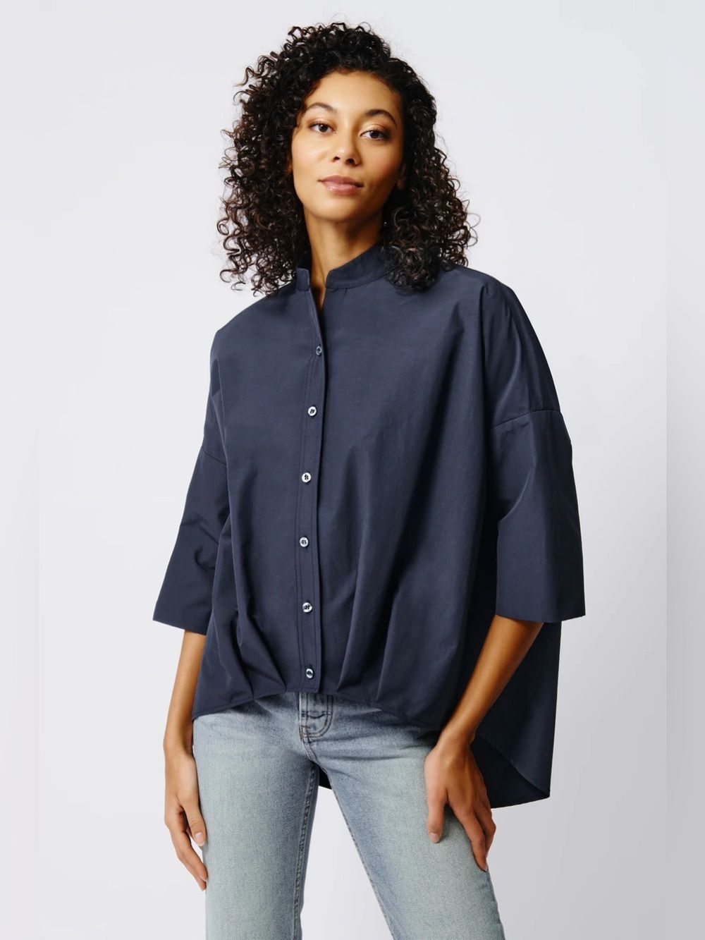 Kal Rieman Pleat Hem Kimono Top Blouse Navy Blue Minimalist M